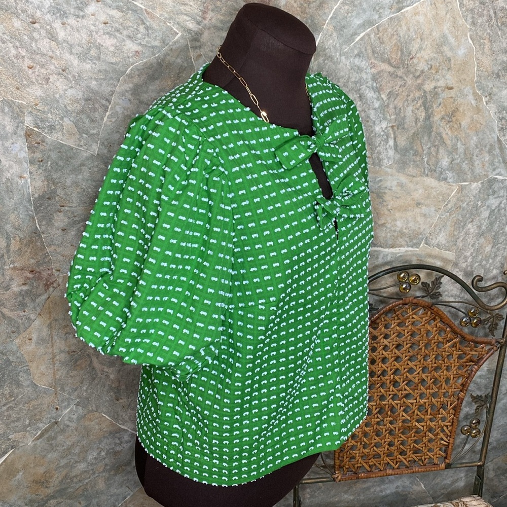 Kate Spade textured puff sleeve shirt top blouse tunic puff sleeves bow pleated - Picture 2 of 11